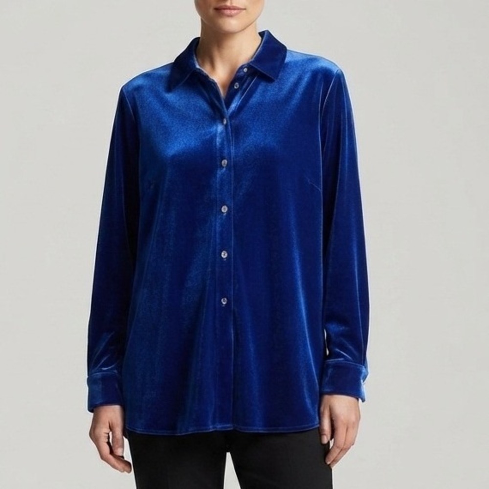 Catherines Royal Blue Velvet Button Up Shirt Long Sleeve Women Plus Size 2X